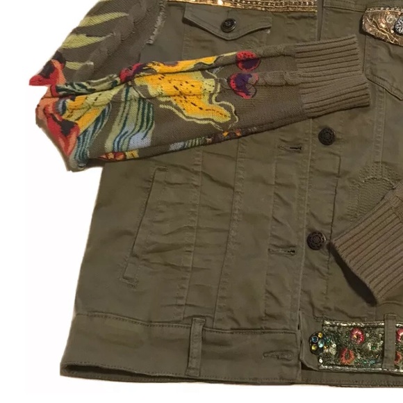Desigual Khaki Denim Jean Jacket Floral Knit Sequin Trim Size Small - Picture 3 of 8